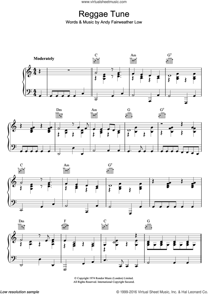 Reggae Tune sheet music for voice, piano or guitar by Andy Fairweather Low, intermediate skill level