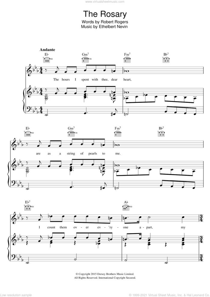 The Rosary sheet music for voice, piano or guitar by Perry Como, Ethelbert Nevin and Robert Rogers, intermediate skill level
