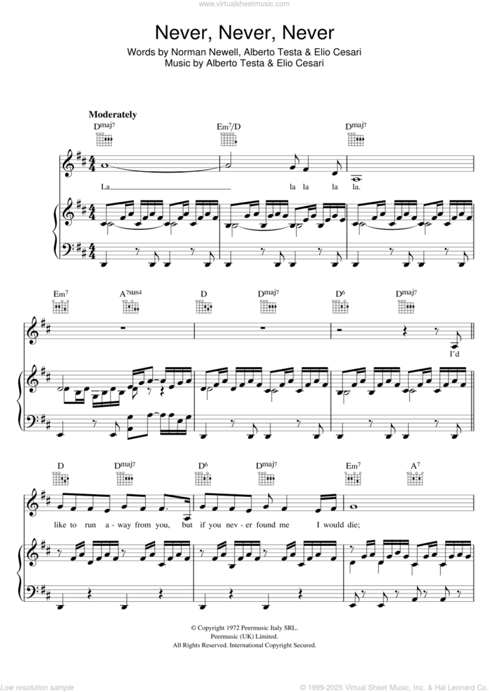 Never Never Never sheet music for voice, piano or guitar by Shirley Bassey, Alberto Testa, Elio Cesari and Norman Newell, intermediate skill level