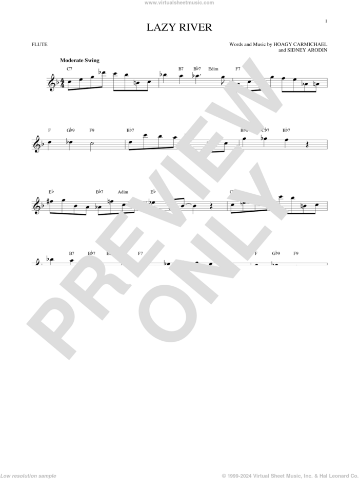 Lazy River sheet music for flute solo by Hoagy Carmichael, Bobby Darin and Sidney Arodin, intermediate skill level