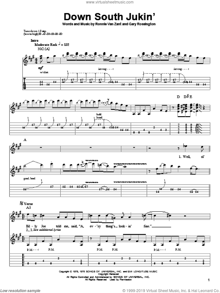 Down South Jukin' sheet music for guitar (tablature, play-along) by Lynyrd Skynyrd, Gary Rossington and Ronnie Van Zant, intermediate skill level