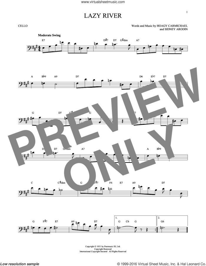 Lazy River sheet music for cello solo by Hoagy Carmichael, Bobby Darin and Sidney Arodin, intermediate skill level