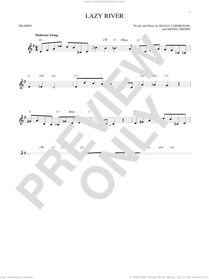 Lazy River sheet music for trumpet solo by Hoagy Carmichael, Bobby Darin and Sidney Arodin, intermediate skill level