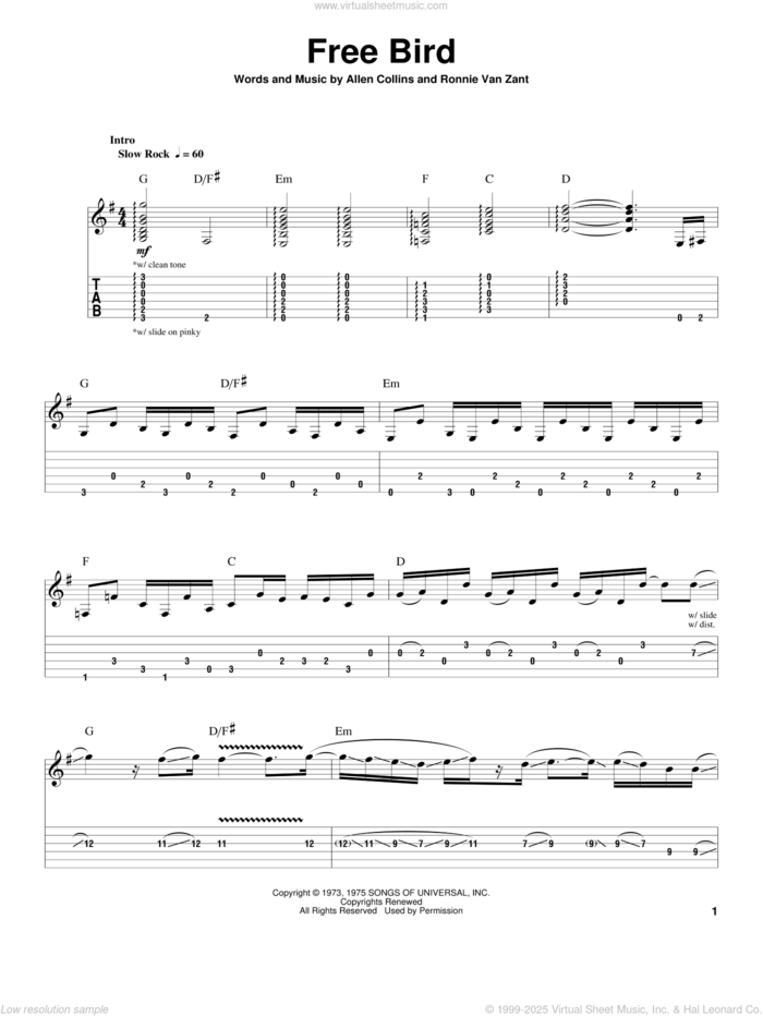 Free Bird sheet music for guitar (tablature, play-along) by Lynyrd Skynyrd, Allen Collins and Ronnie Van Zant, intermediate skill level