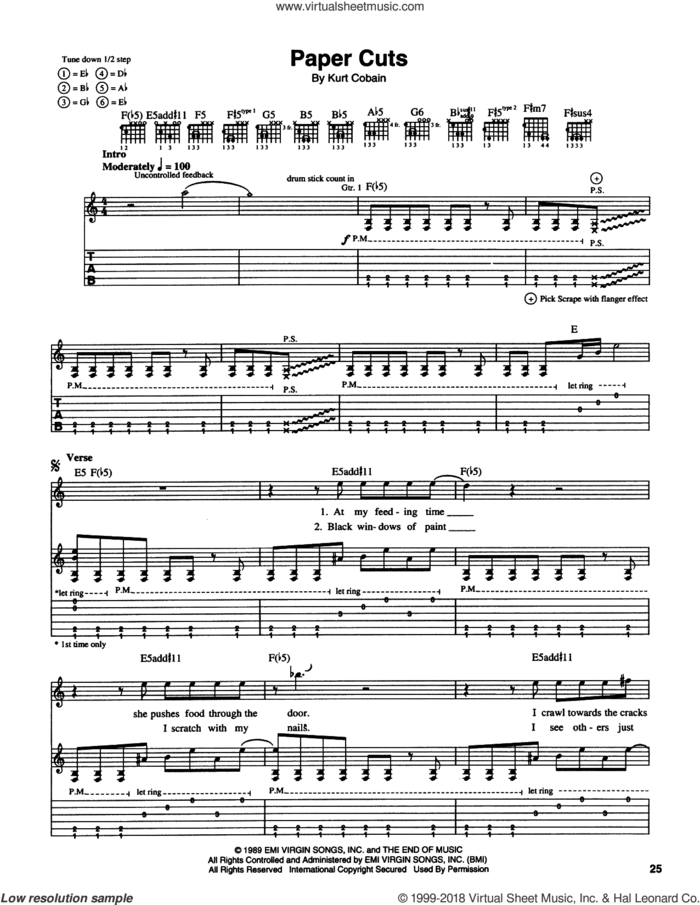 Paper Cuts sheet music for guitar (tablature) by Nirvana and Kurt Cobain, intermediate skill level
