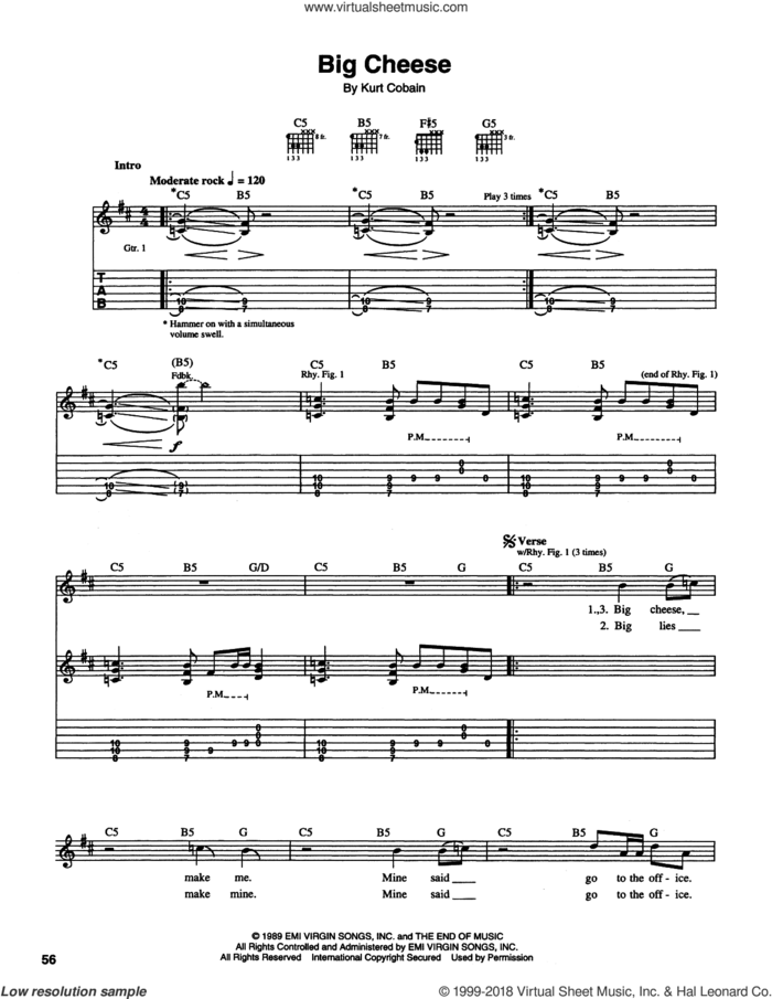 Big Cheese sheet music for guitar (tablature) by Nirvana, Krist Novoselic and Kurt Cobain, intermediate skill level