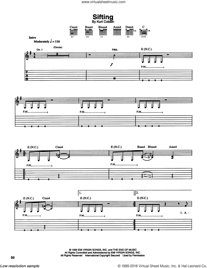 Sifting sheet music for guitar (tablature) by Nirvana and Kurt Cobain, intermediate skill level