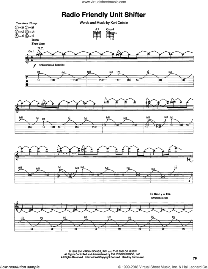 Radio Friendly Unit Shifter sheet music for guitar (tablature) by Nirvana and Kurt Cobain, intermediate skill level