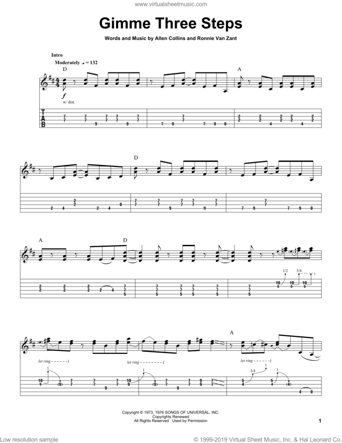 Gimme Three Steps sheet music for guitar (tablature, play-along) by Lynyrd Skynyrd, Allen Collins and Ronnie Van Zant, intermediate skill level