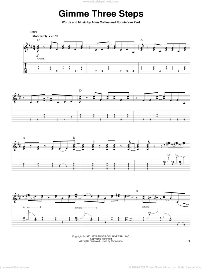 Gimme Three Steps sheet music for guitar (tablature, play-along) by Lynyrd Skynyrd, Allen Collins and Ronnie Van Zant, intermediate skill level