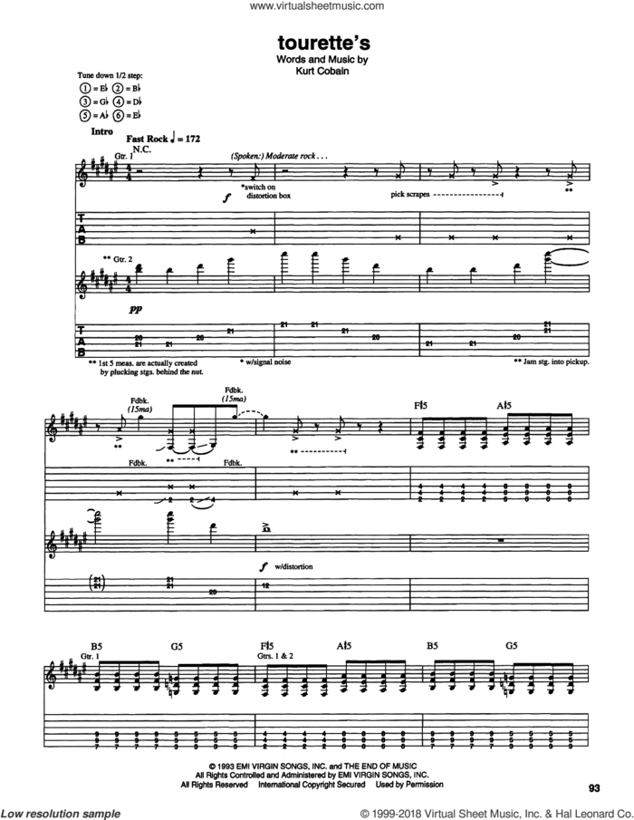 Tourrets sheet music for guitar (tablature) by Nirvana and Kurt Cobain, intermediate skill level