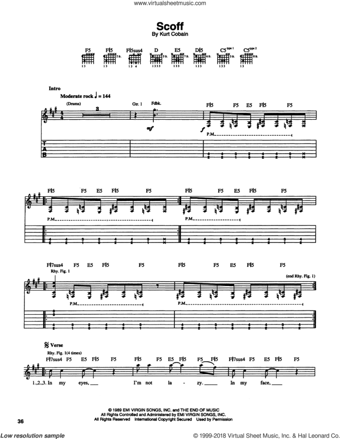 Scoff sheet music for guitar (tablature) by Nirvana and Kurt Cobain, intermediate skill level