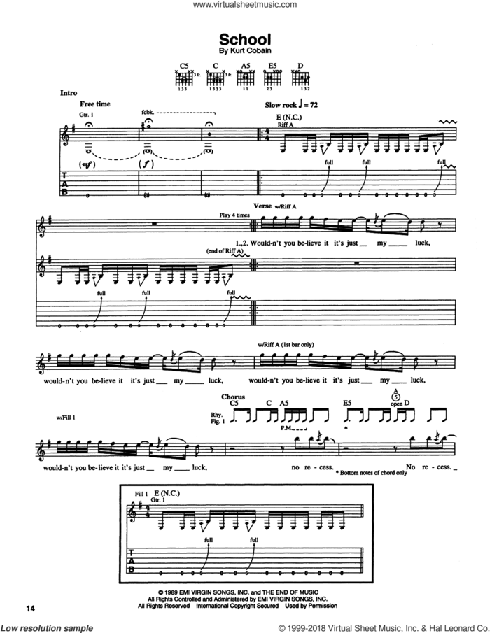 School sheet music for guitar (tablature) by Nirvana and Kurt Cobain, intermediate skill level