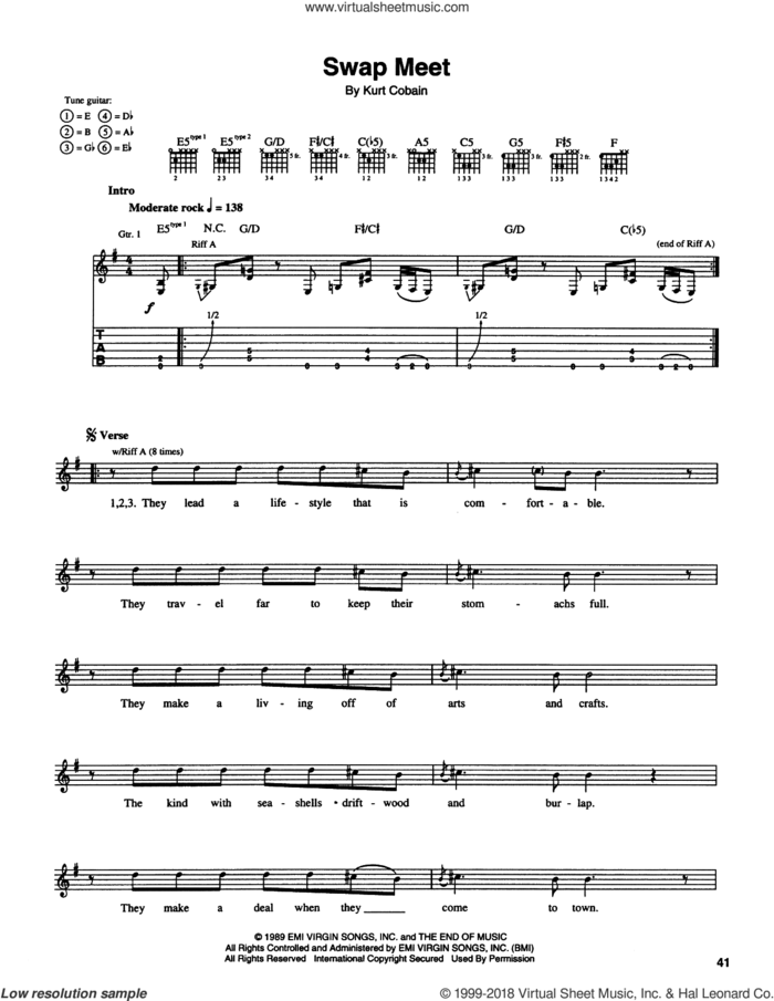 Swap Meet sheet music for guitar (tablature) by Nirvana and Kurt Cobain, intermediate skill level