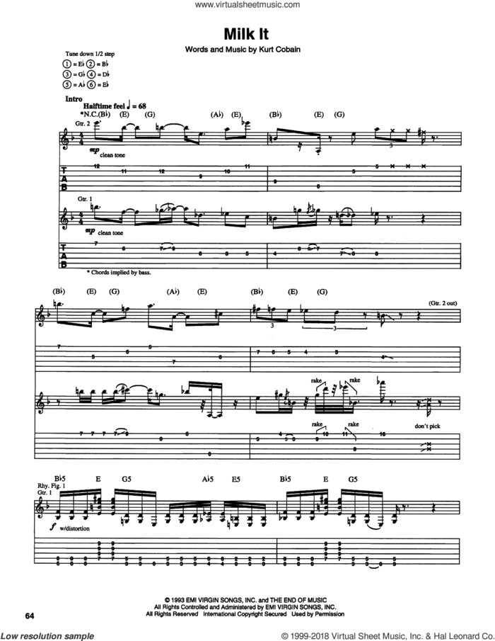 Milk It sheet music for guitar (tablature) by Nirvana and Kurt Cobain, intermediate skill level