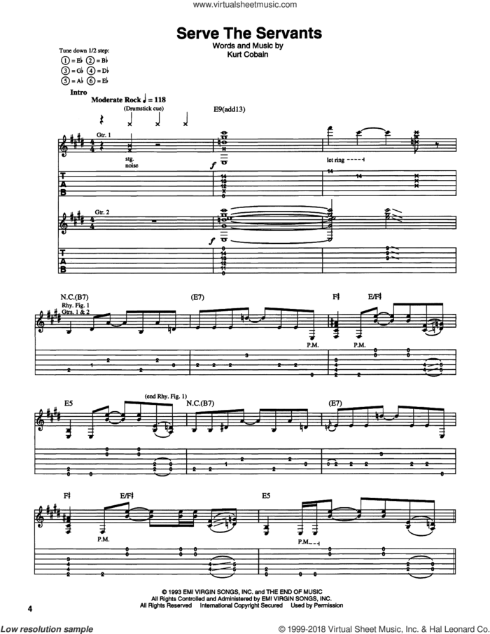 Serve The Servants sheet music for guitar (tablature) by Nirvana and Kurt Cobain, intermediate skill level