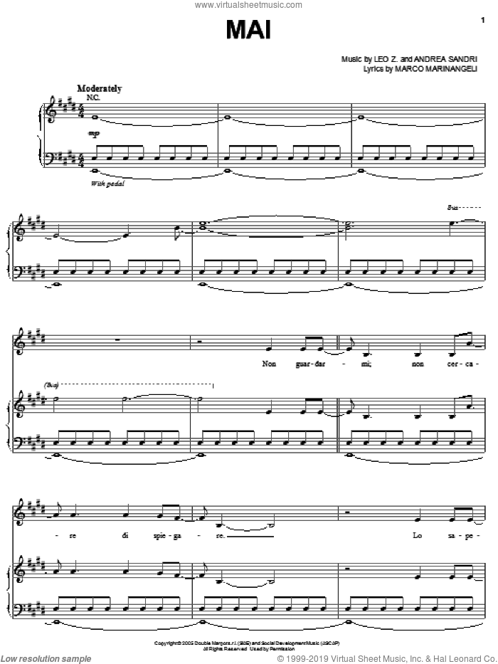Mai sheet music for voice, piano or guitar by Josh Groban, Andrea Sandri, Leo Z. and Marco Marinangeli, intermediate skill level