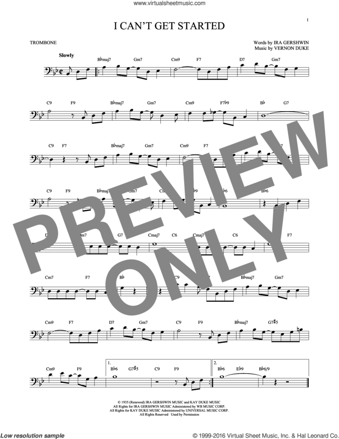 I Can't Get Started sheet music for trombone solo by Ira Gershwin and Vernon Duke, intermediate skill level