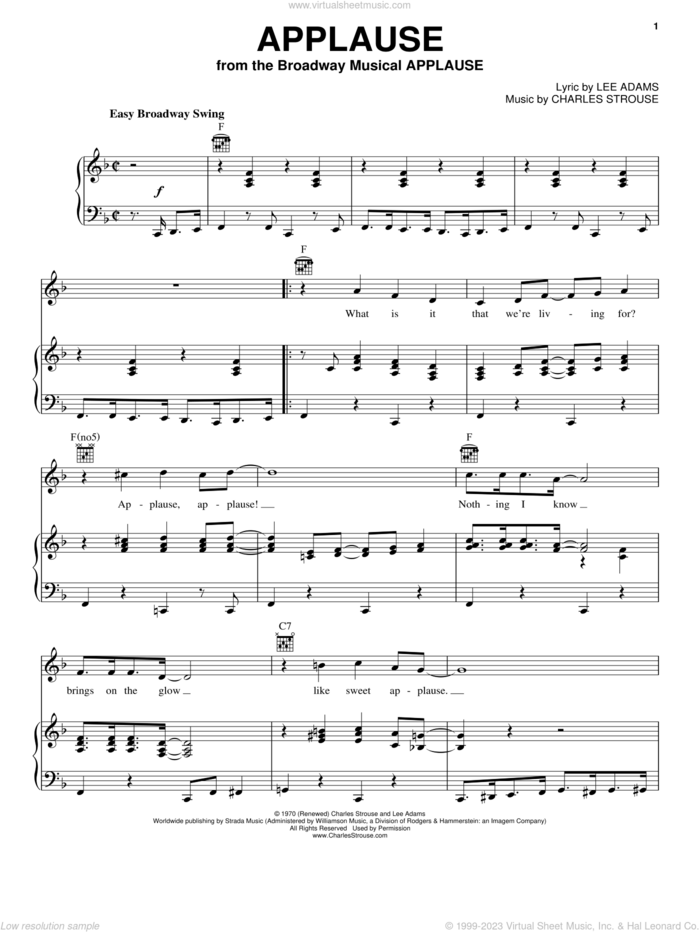 Applause sheet music for voice, piano or guitar by Charles Strouse and Lee Adams, intermediate skill level