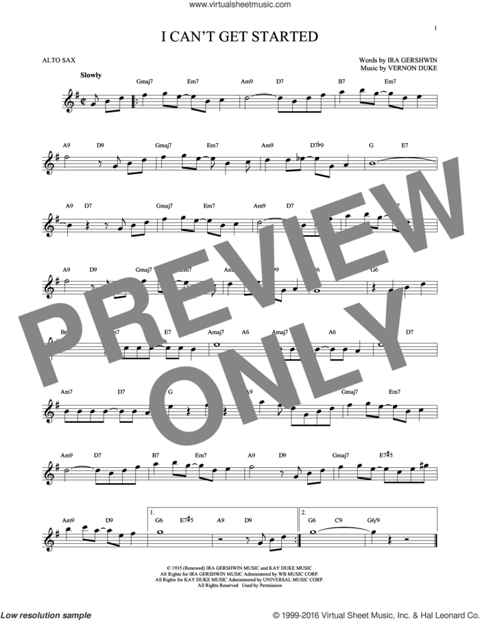 I Can't Get Started sheet music for alto saxophone solo by Ira Gershwin and Vernon Duke, intermediate skill level