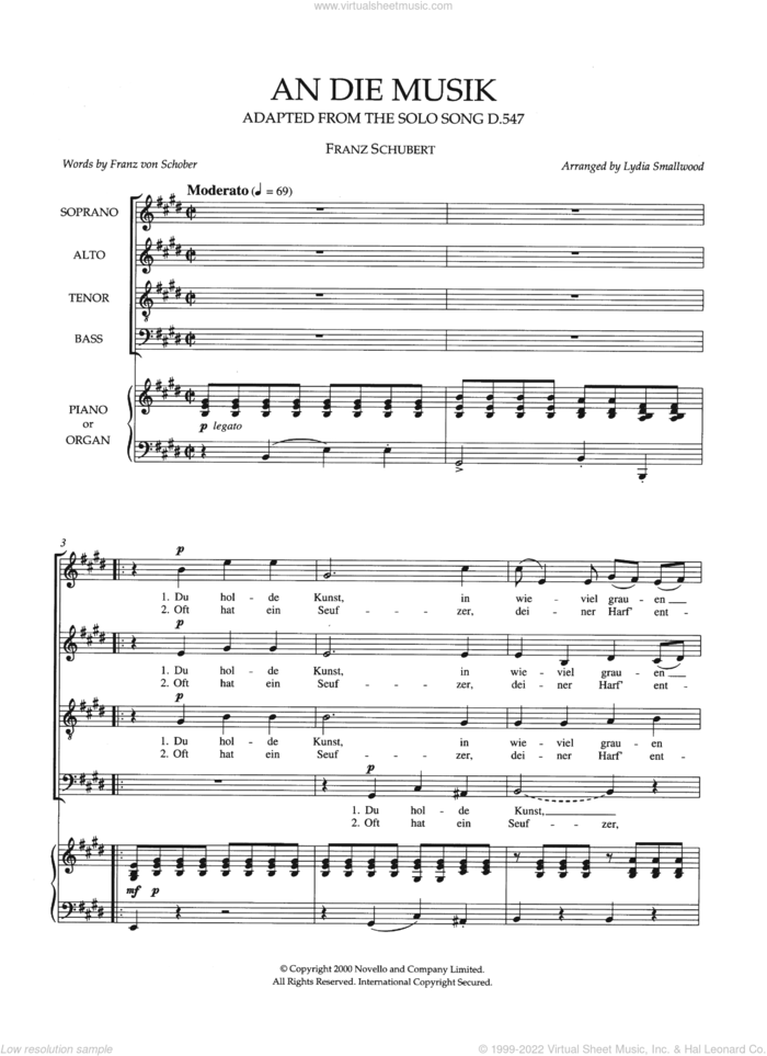 An Die Musik (arr. Lydia Smallwood) sheet music for choir (SATB: soprano, alto, tenor, bass) by Franz Schubert, Lydia Smallwood and Franz von Schober, classical score, intermediate skill level