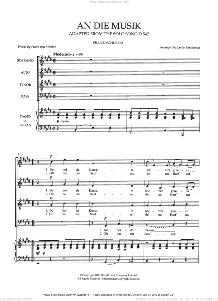 An Die Musik (arr. Lydia Smallwood) sheet music for choir (SATB: soprano, alto, tenor, bass) by Franz Schubert, Lydia Smallwood and Franz von Schober, classical score, intermediate skill level