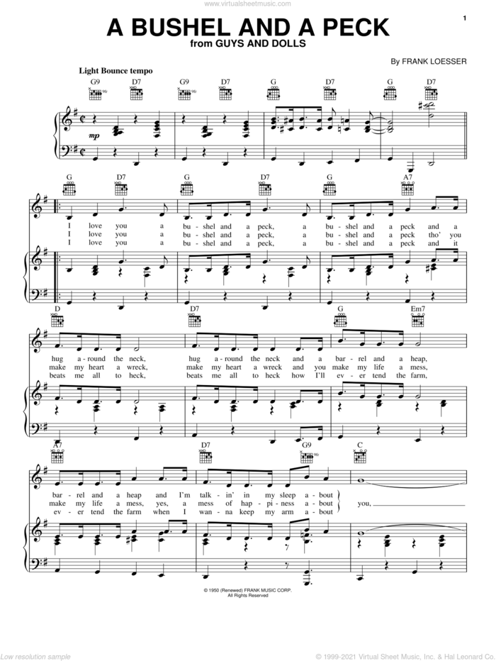 A Bushel And A Peck sheet music for voice, piano or guitar by Frank Loesser and Guys And Dolls (Musical), intermediate skill level