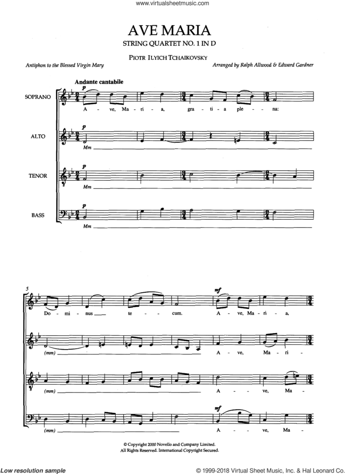 Ave Maria (String Quartet No.1 In D) (arr. Ralph Allwood and Edward Gardner) sheet music for choir by Pyotr Ilyich Tchaikovsky, Edward Gardner and Ralph Allwood, classical score, intermediate skill level