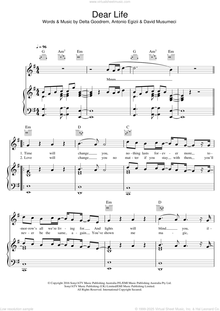 Dear Life sheet music for voice, piano or guitar by Delta Goodrem, Antonio Egizii and David Musumeci, intermediate skill level