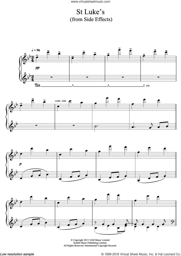 St. Luke's (From 'Side Effects') sheet music for piano solo by Thomas Newman, classical score, intermediate skill level