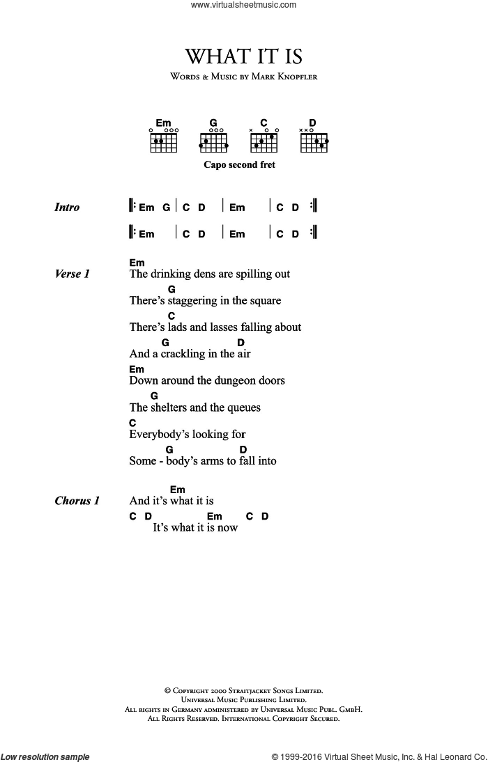 What It Is sheet music for guitar (chords) by Mark Knopfler, intermediate skill level