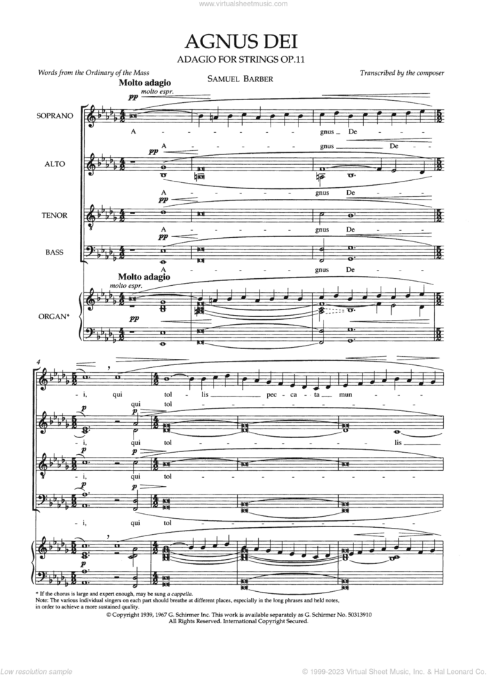 Agnus Dei sheet music for choir (SATB divisi) by Samuel Barber, classical score, intermediate skill level