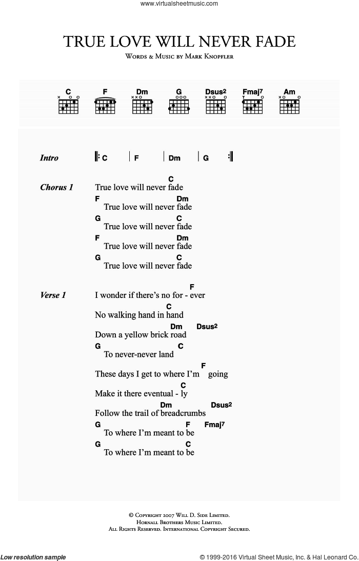 True Love Will Never Fade sheet music for guitar (chords) by Mark Knopfler, intermediate skill level