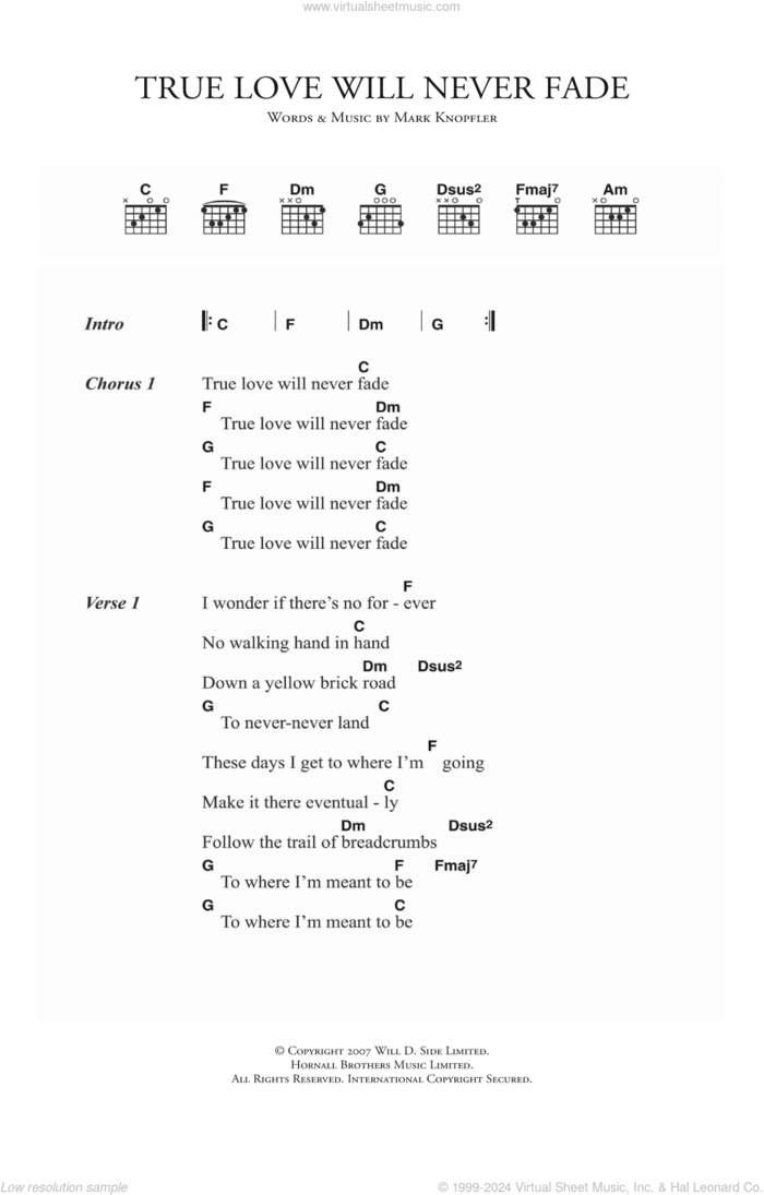 True Love Will Never Fade sheet music for guitar (chords) by Mark Knopfler, intermediate skill level