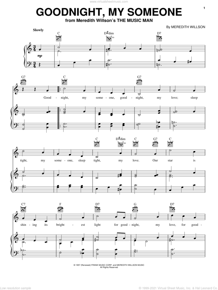 Goodnight, My Someone sheet music for voice, piano or guitar by Meredith Willson, intermediate skill level