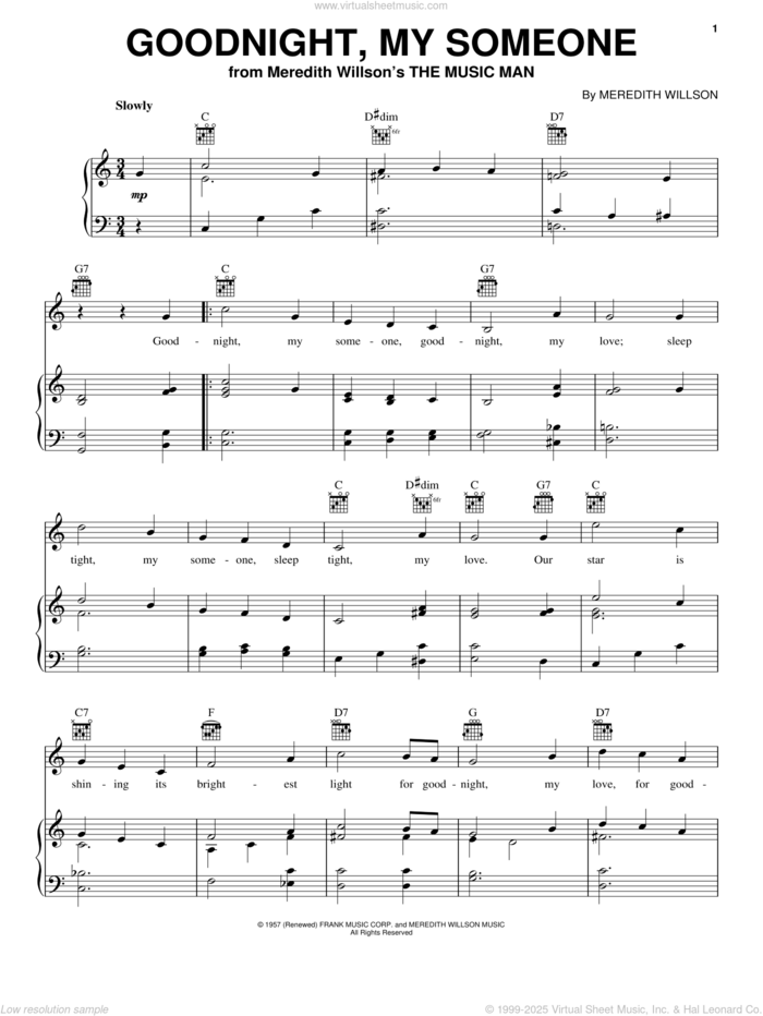 Goodnight, My Someone sheet music for voice, piano or guitar by Meredith Willson, intermediate skill level