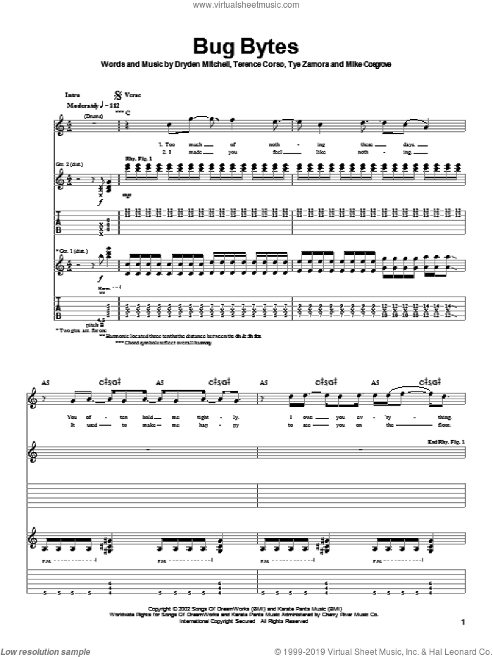 Bug Bytes sheet music for guitar (tablature) by Alien Ant Farm, Spider-Man (Movie), Dryden Mitchell, Mike Cosgrove and Terence Corso, intermediate skill level