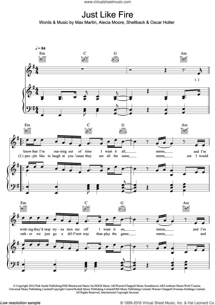 Just Like Fire sheet music for voice, piano or guitar by Max Martin, Miscellaneous, P!nk, Alecia Moore, Oscar Holter and Shellback, intermediate skill level