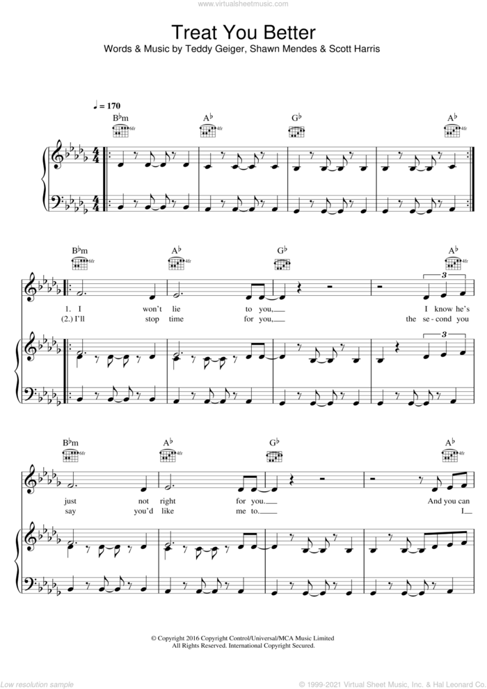 Treat You Better sheet music for voice, piano or guitar by Shawn Mendes, Scott Harris and Teddy Geiger, intermediate skill level