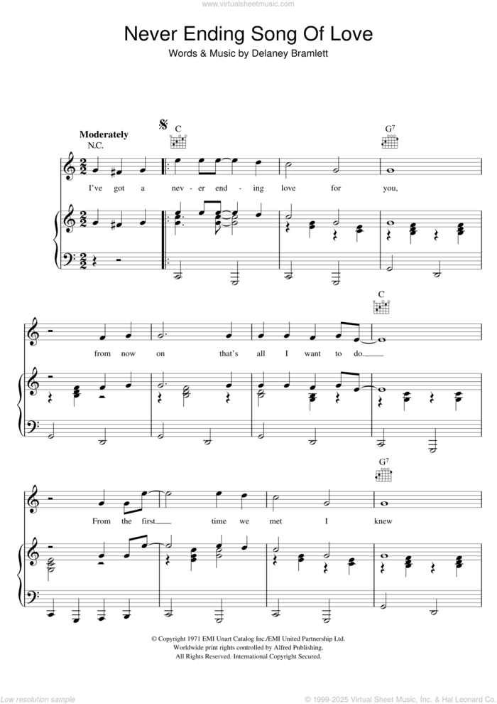 Never Ending Song Of Love sheet music for voice, piano or guitar by Delaney & Bonnie and Delaney Bramlett, intermediate skill level