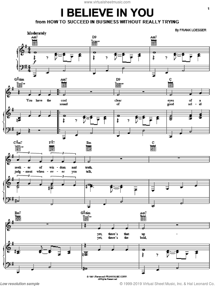 I Believe In You sheet music for voice, piano or guitar by Frank Loesser, intermediate skill level