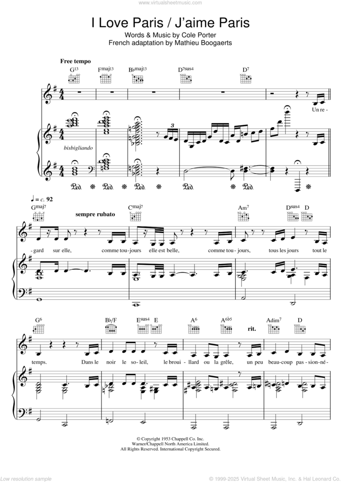 I Love Paris - J'aime Paris sheet music for voice, piano or guitar by Zaz, Mathieu Boogaerts and Cole Porter, intermediate skill level