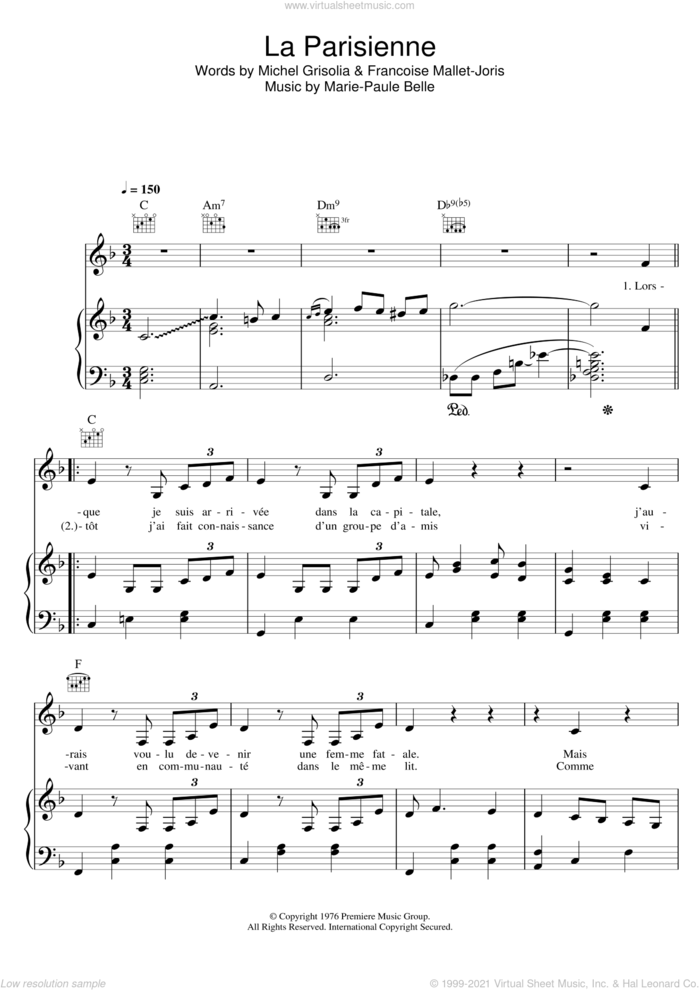 La Parisienne sheet music for voice, piano or guitar by Zaz, Marie-Paule Belle, Francoise Mallet-Joris and Michel Grisolia, intermediate skill level