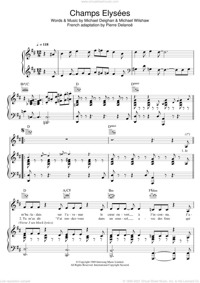 Champs Elysees sheet music for voice, piano or guitar by Zaz, Pierre DelanoA�A�, Pierre Delanoe, Michael Deighan and Michael Wilshaw, intermediate skill level