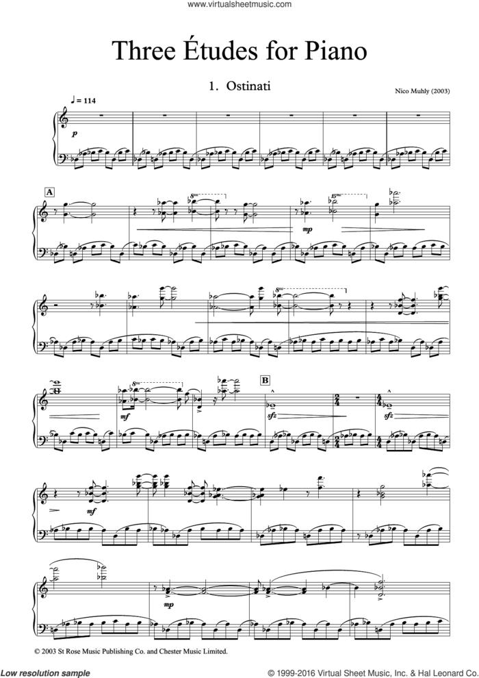 Three Etudes for Piano sheet music for piano solo by Nico Muhly, classical score, intermediate skill level