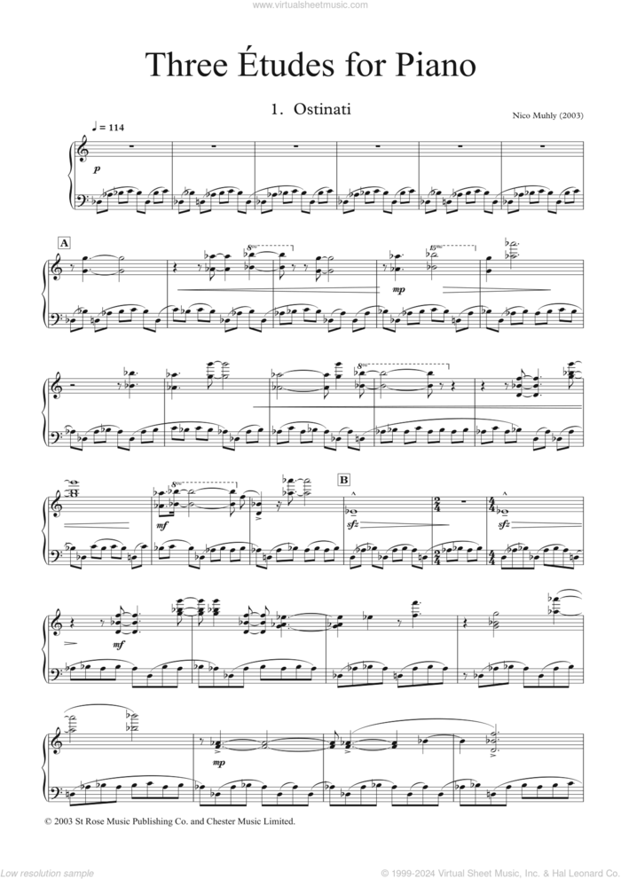 Three Etudes for Piano sheet music for piano solo by Nico Muhly, classical score, intermediate skill level