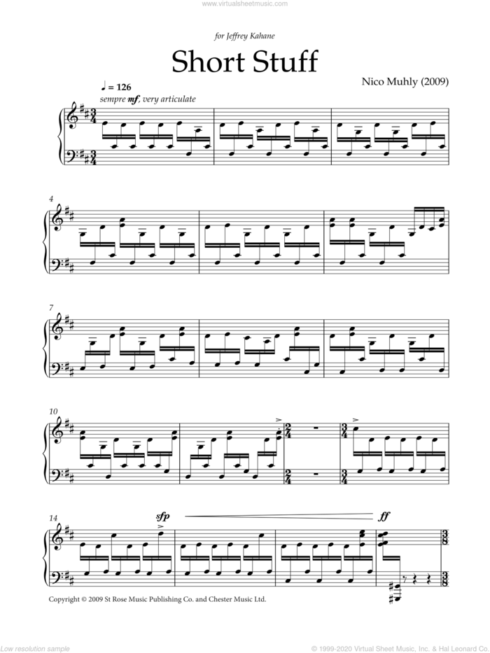 Short Stuff sheet music for piano solo by Nico Muhly, classical score, intermediate skill level