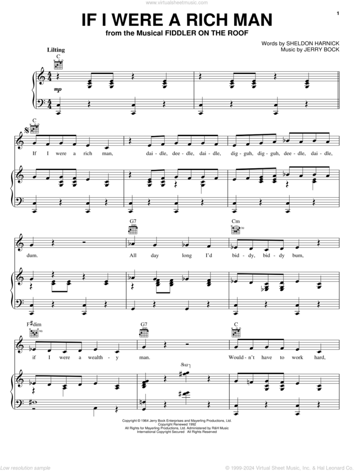 If I Were A Rich Man (from Fiddler On The Roof) sheet music for voice, piano or guitar by Bock & Harnick, Fiddler On The Roof (Musical), Jerry Bock and Sheldon Harnick, intermediate skill level