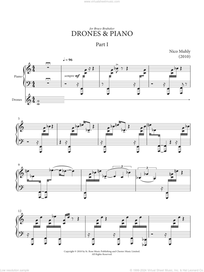 Drones And Piano sheet music for piano solo by Nico Muhly, classical score, intermediate skill level