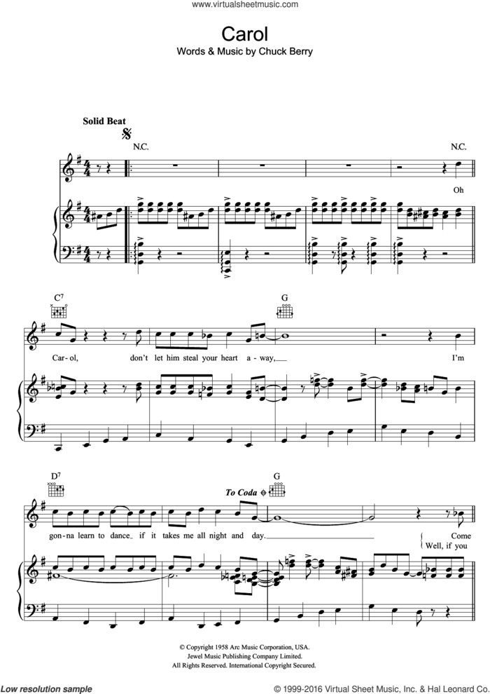Carol sheet music for voice, piano or guitar by The Rolling Stones and Chuck Berry, intermediate skill level